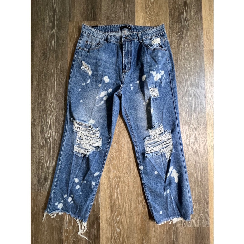 Almost Famous Distressed Jeans Womens 14 Blue Paint Splatter Ripped Raw Hem